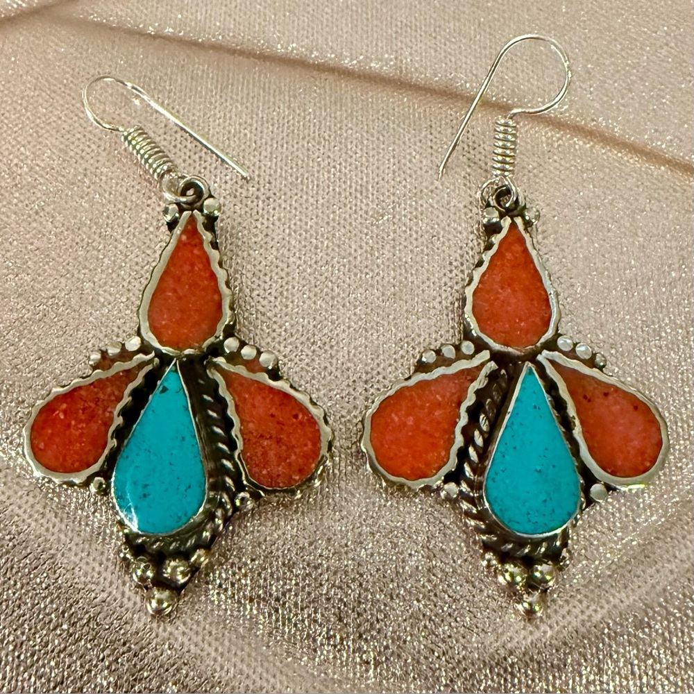 Bohemian Red and Turquoise Earrings in Silver 🔥